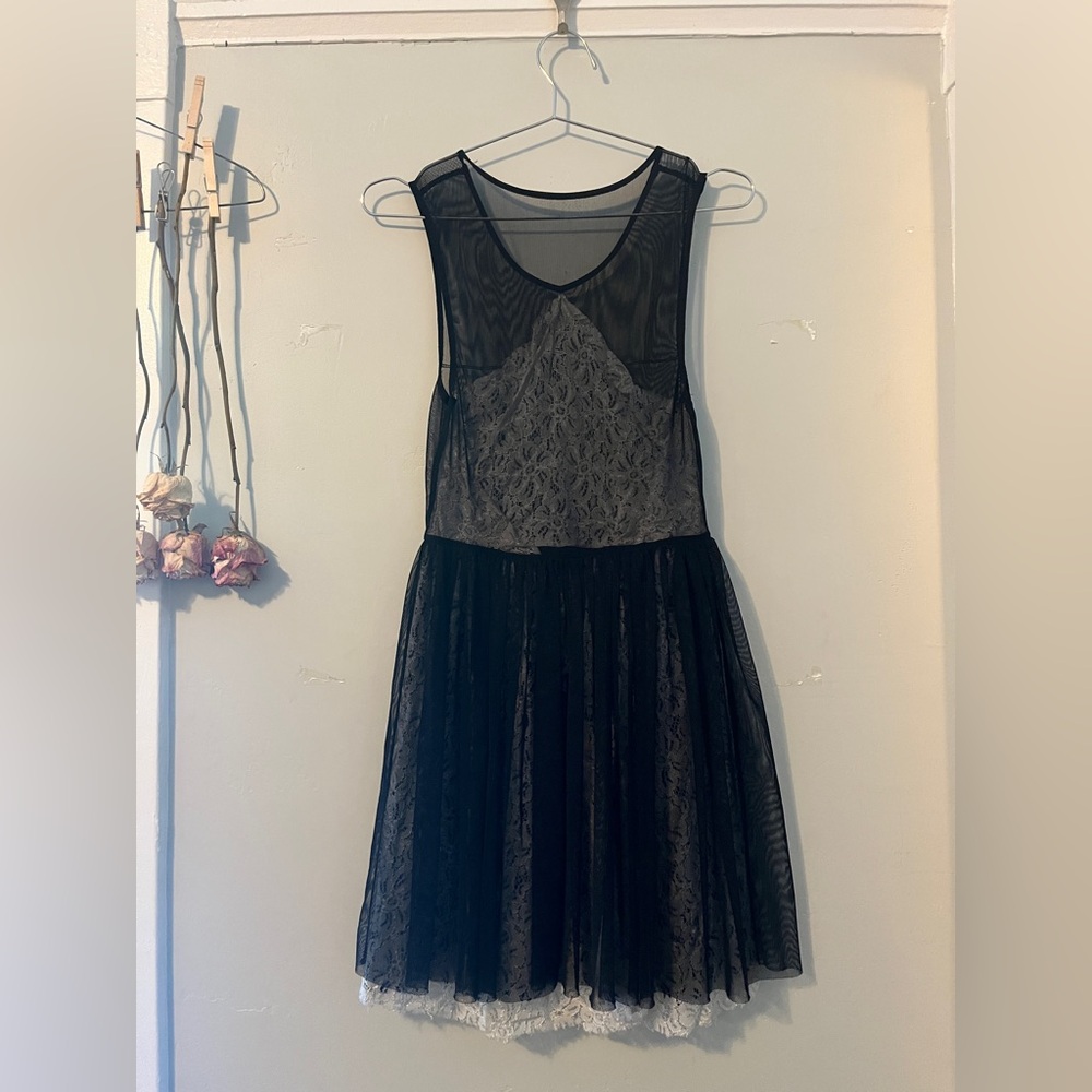 Vintage 2010s Urban Outfitters Black sheer mesh dress with white lace detail